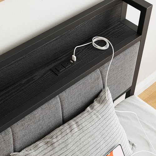 BOFENG Twin Bed Frame with Storage Headboard/USB Charging Station,Heavy Duty Metal Upholstered Single Platform Bed Frame Twin Size No Box Spring Needed,Heavy Duty Metal Slats,Noise Free,Black BOFENG