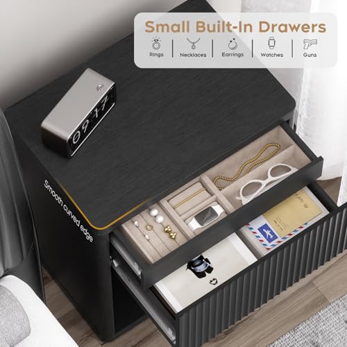 Yechen 22.8" W Black Nightstand Set of 2 with Hidden Drawers and Open Shelves, Mid Century Modern Nightstand Curved Profile, Large Wood Fluted Night Stand, Accent Bedside End Table Yechen