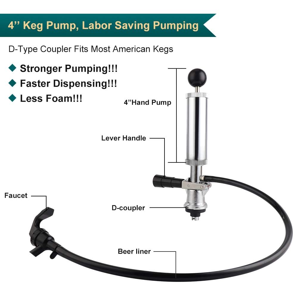 FERRODAY 4" Beer Keg Tap Heavy Duty Complete D-System Keg Pump US Beer Keg Pump for Sankey Keg Party Pump Picnic Keg Tap Keg Hand Pump Draft Beer Kegerator Pump Easy Lock 4 Inch Keg Pump Soda Pump Ferroday