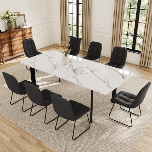Extendable Dining Table Set for 6-8 People, 63 to 78.7 Inch MDF Kitchen Table with 8 Faux Leather Dining Chairs, Space-Saving for Dining Room, Breakfast Nook (White Table & 8 Black U-Shaped Chairs) HIPIHOM