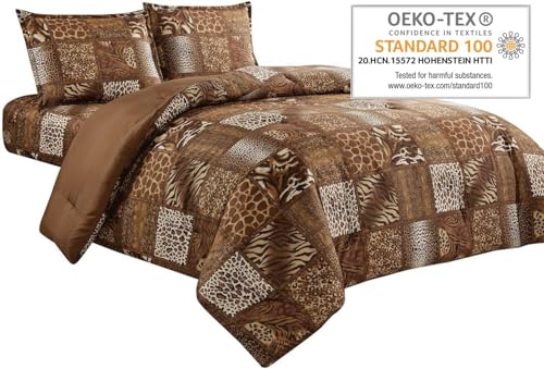 WPM WORLD PRODUCTS MART 3 Piece Animal Print Comforter with Pillow Sham, Chocolate Brown Leopard Zebra Giraffe Jungle Forest Theme Design Queen Size Bedding- Safari (Brown, Queen) WPM WORLD PRODUCTS MART