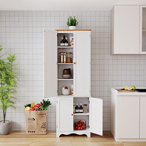 Yusong 72'' Tall Kitchen Pantry Cabinet, Freestanding Storage Cabinet with Doors and Shelves, Wooden Food Pantry Farmhouse Cupboard Buffet for Kitchen Dining Living Room, White Honey Yusong