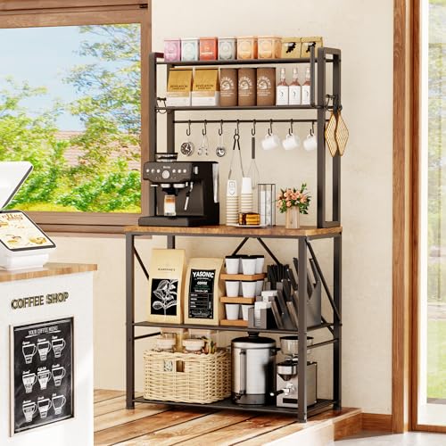 YASONIC Coffee Bar, Bakers Rack with Storage, 25.6 Inches Microwave Stand, 5 Tier Kitchen Shelves Appliance Storage, 12 S Hooks Large Coffee Station for Spices, Pots and Pans, Rustic Brown