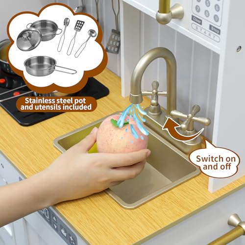 Arlopu Play Kitchen for Kids, Pretend Preschool Kitchen Sets, Wooden Cooking Playset w/Realistic Light & Sound, Telephone, Stove, Fridge, Microwave, Removable Sink, Water Dispenser (White) Arlopu