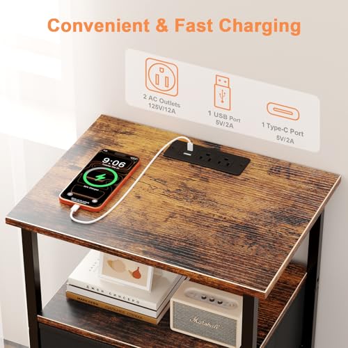 Smoproper Nightstand with Charging Station, Bedside End Table with 2 Fabric Drawers for Bedroom, Side Table with USB Ports and Outlets (Brown Black) Smoproper