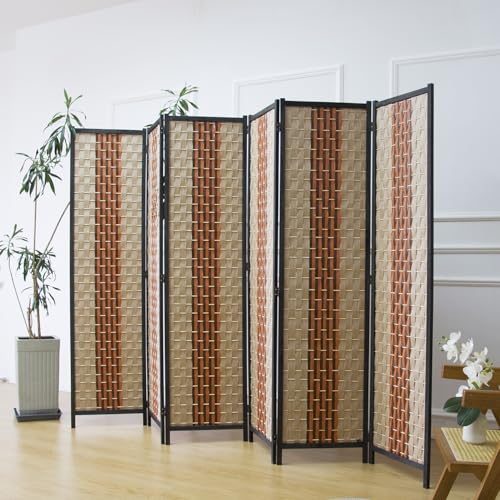 Furnnylane 6 Panel Room Divider Screen in Beige and Orange,Blackout Room Divider Folding Panel Screen for Room Separation and Home Decoration,70.8" H x 106.3" W Furnnylane