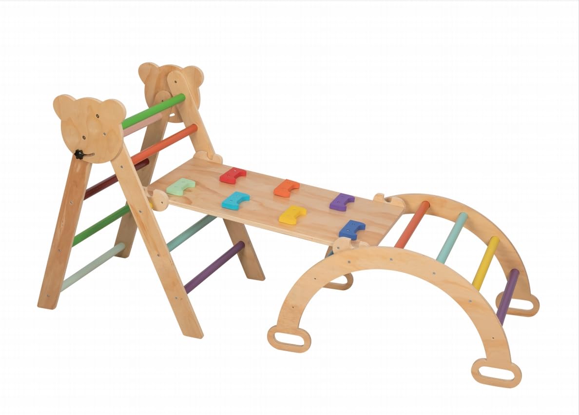 7 in 1 Montessori Pikler Triangle Set, Foldable Wooden Pickler-3 Piece Baby Climbing Gym Toddler Climbing Toys Indoor with Arch, Ramp, Ladder CMFYDAILY