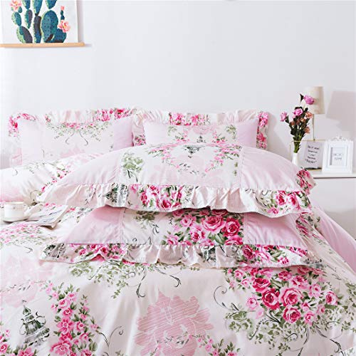 FADFAY Home Textile Pink Rose Floral Print Duvet Cover Bedding Set for Girls 4 Pieces King Size FADFAY