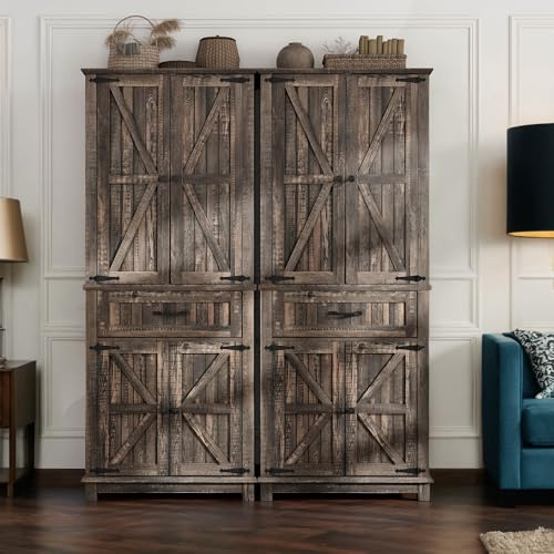 YITAHOME 72.6" H Farmhouse Kitchen Pantry Cabinet, Freestanding Tall Storage Cabinet with 4 Doors, Drawer and Adjustable Shelves, Tall Cupboard for Dining Room, Living Room, Dark Rustic Oak YITAHOME