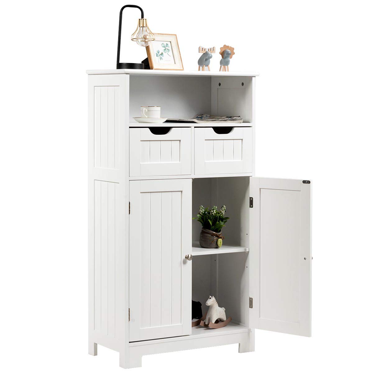 Tangkula Bathroom Floor Cabinet, Storage Cabinet w/Open Shelf, 2 Doors & 2 Adjustable Drawers, Standing Cupboard for Kitchen, Bathroom Cabinet for Living Room Home Office (White) Tangkula