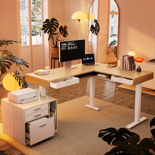HUANUO Electric L Shaped Standing Desk with 2 Storage Drawers & File Cabinet, 63'' x 53'' Height Adjustable Corner Standing Desk, Computer Desk with Cable Management Tray, Light Walnut HUANUO