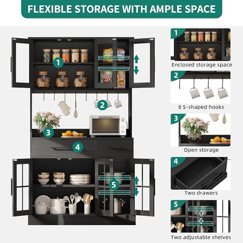 YITAHOME 71'' Kitchen Pantry Storage Cabinet with Microwave Stand, Tall Freestanding Hutch Cabinet with Power Outlet, Pantry Cabinet with Buffet Cupboard, Drawers and Acrylic Doors for Home, Black YITAHOME