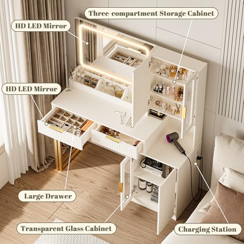 45" Modern Makeup Vanity Desk with Mirror and Lights, Makeup Vanity with 5 Shelves& 2 Drawers and Cabinet, Vanity Table with Power Outlet, 3 Color Adjustable Lighting Dressing Table Set for Bedroom astimey