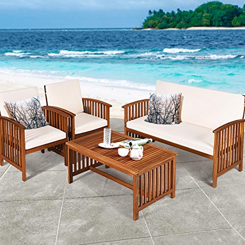 Tangkula Outdoor 4 Pcs Acacia Wood Sofa Set w/Water Resistant Cushions, Padded Patio Seating Chat Set w/Coffee Table for Garden, Backyard, Poolside (1, White) Tangkula