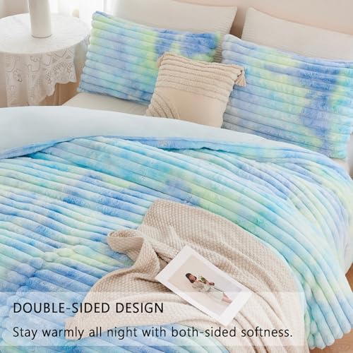 ZRNBAST Fluffy Duvet Cover Twin Size, Tie Dye Blue Green Plush Fleece Bedding Sets, Super Soft Faux Fur Bed Set with Zipper, Luxury Fuzzy Comforter Cover with 2 Pillowcases(Blue Green, Twin) ZRNBAST