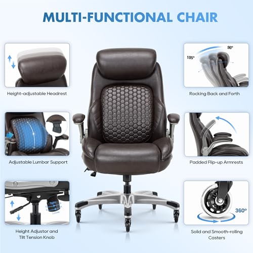 COLAMY Office Ergonomic Desk High Back Executive Chair with Pop-Out Lumbar Support, Upgraded Casters, Adjustable Headrest, Flip-Up Arms, Leather Home with Thick Cushion for Comfort - Brown COLAMY