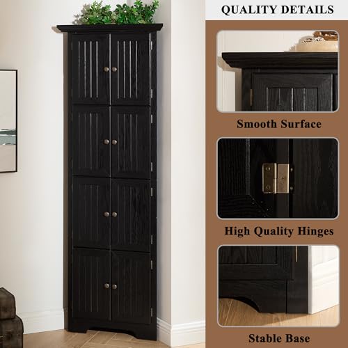 TRJQBCC 72" H Farmhouse Corner Storage Cabinet with 8 Doors & 4 Shelves, 4 Tier Kitchen Corner Pantry Cabinet Wooden Organizer Case Bookshelf, Home Space Saver Cabinet for Kitchen,Living Room(Black) TRJQBCC