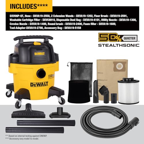 DEWALT 6 Gallon STEALTHSONIC Wet Dry Shop Vac, Powerful Suction & Portable Shop Vacuum with Attachments, Ultra Quiet Heavy Duty Shopvac for Home, Garage, Car, Workshop, Jobsite, DXV06P-QT, 5 Peak HP DEWALT