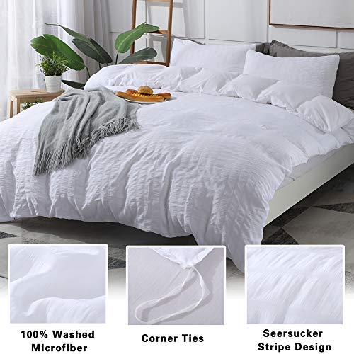 AveLom White Duvet Cover King (104 x 90 inches), 3 Pieces (1 Duvet Cover + 2 Pillow Cases), Seersucker Textured Ultra Soft Washed Microfiber, Textured Duvet Cover with Zipper Closure, Corner Ties AveLom