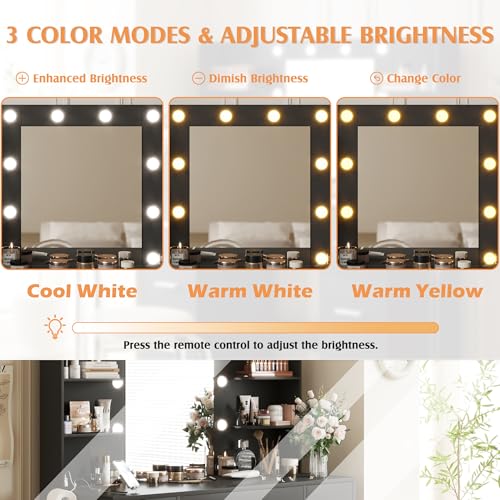 YESHOMY Vanity Desk with Mirror, Power Outlet and 10 Lights, Makeup Table with 7 Drawers, 3 Color Modes Available for Bedroom, Pure Black YESHOMY