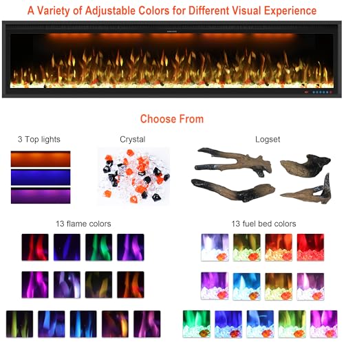 74" Smart Electric Fireplace Inserts,Slim Fireplace with APP Control & Remote Control& Touch Panel,13 Adjustable Flame Color&13 Fuel Bed Colors,750W/1500W,Black VINEMOUNT