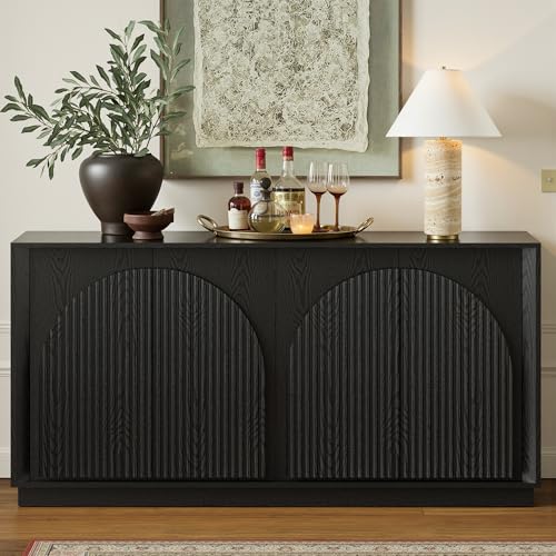 WIN2WIN 65" Fluted Sideboard Buffet Cabinet with Storage, Modern Credenza with Double-Layered Arch Doors, Wood TV Media Console Table Accent Cabinet for Living Room Dining Room Hallway Entryway, Black win2win