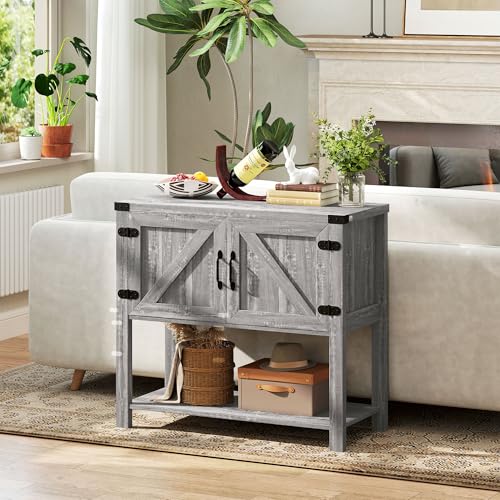HOMCOM Farmhouse Double Door Coffee Bar Cabinet, Console Table, Sideboard Buffet Cabinet with Bottom Shelf for Entryway, Living Room, Stone Gray HOMCOM