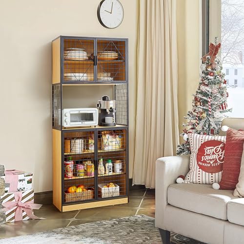 VECELO 72in Tall Kitchen Pantry Cabinet with Doors and Shelves, Large Freestanding Storage Cupboard with Countertop Hutch for, Oak VECELO