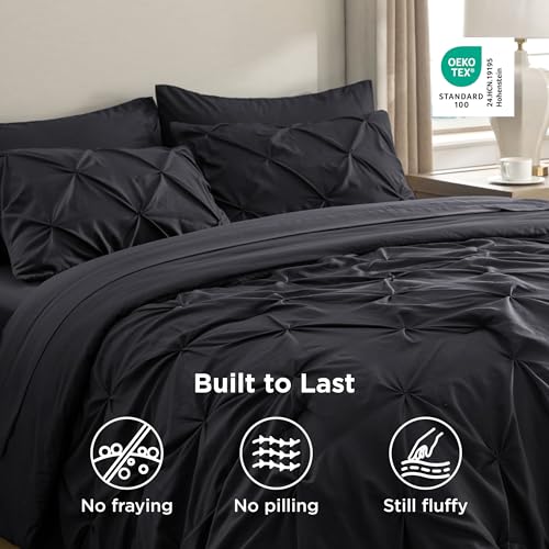 Bedsure Oversized King Comforter Set Black - Bed in a Bag Bedding Set 7 Pieces, GentleSoft™ Pintuck Bed Set Gift for Family, Pinch Pleat Black Comforter with Sheets, Pillowcases & Shams Bedsure