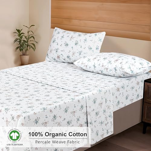 RUVANTI 100% Organic Cotton Sheets Queen Size, Percale Weave, GOTS Certified, 4-Piece Set, Deep Pocket 15", Crisp & Breathable, Soft Durable Bedding, Sábanas Algodón Orgánico – Halcyon RUVANTI