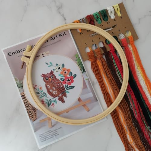 Esffaci Embroidery Starter Kit for Adult Beginner with Owl Flower Pattern Hand Embroidery Set with Embroidery Cloth Hoop Needles Colorful Floss and Instruction