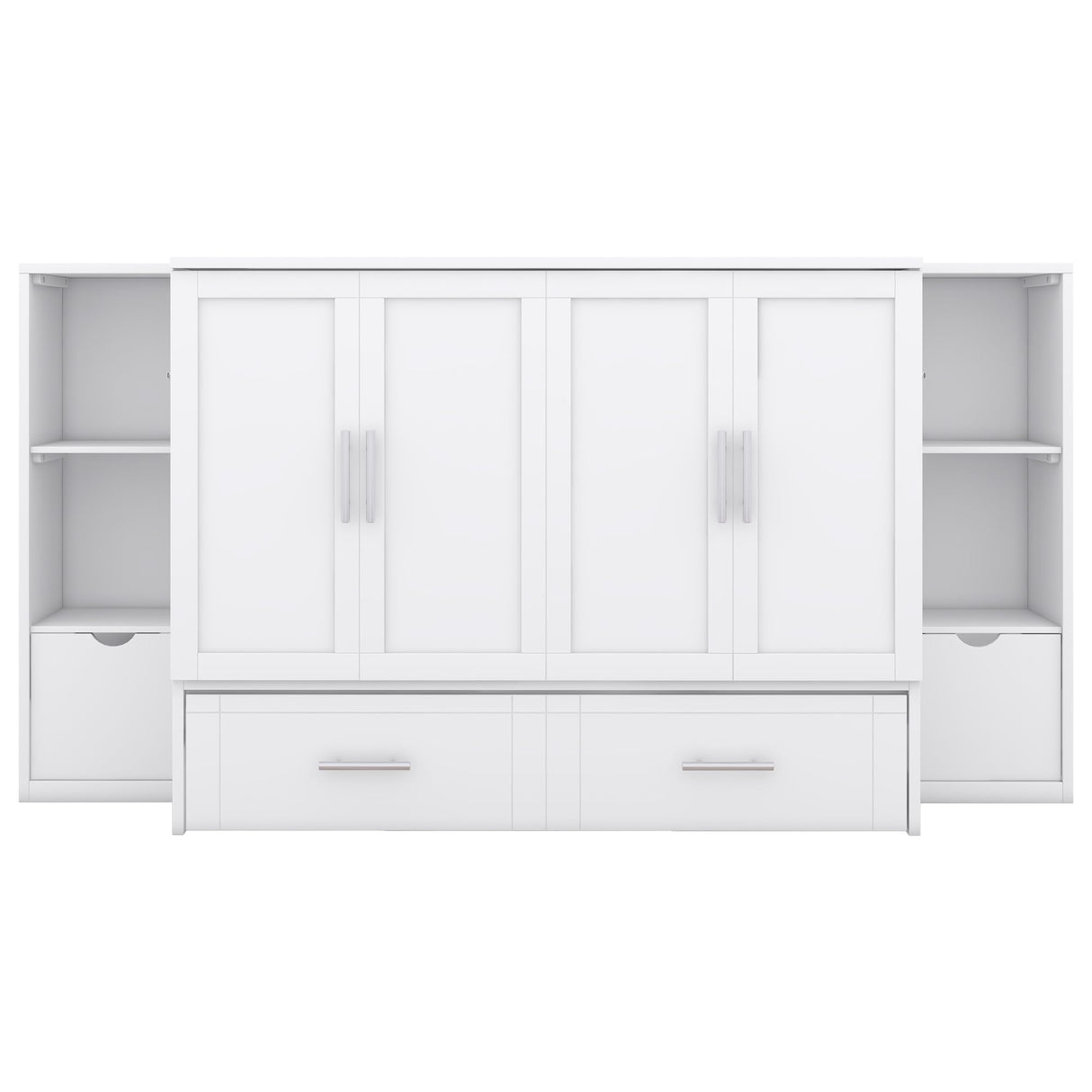 Full Size Murphy Wall Bed With Storage and Bookcase Headboard, Solid Wood Cabinets, Shelves, Drawers and USB Ports, Multi-Function Platform for Home Office, Guest Room (White) MERITLINE