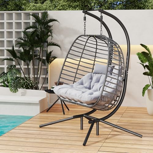 Double Hanging Egg Chair wth Stand, Patio Hammock Swing Chair with Cushion Loveseat for Bedroom, Balcony, Garden, Indoor, Outdoor HWB