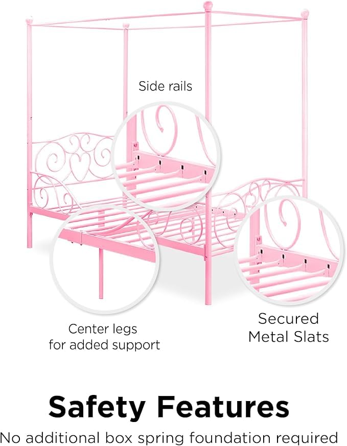 Twin Canopy Bed Frame for Girls, Pink Metal Princess Bed with Heart Design, No Box Spring Needed, Weight Capacity 225 lbs, Underbed Storage Space WoodArtSupply