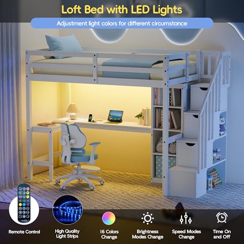 Xilingol Twin Loft Bed with Stairs and Desk, Solid Wooden Loft Bed, Heavy Duty Loft Bed with L-Shape Desk, LED Light Strips, Charging Station, Storage Cabinets, Extra-High Guardrails for Kids, Teens Xilingol