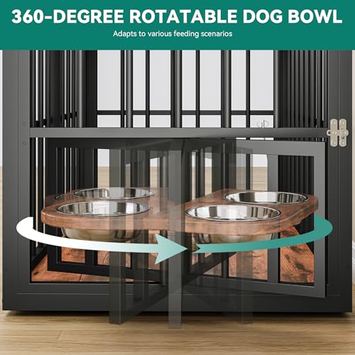 YITAHOME 88.6" Large Corner Dog Crate Furniture for 2 Dogs, Large Wooden Dog Kennel with Dog Bowls & 3 Doors, Large Double Dog Crate Furniture TV Stand for Medium Large Dogs, Brown YITAHOME