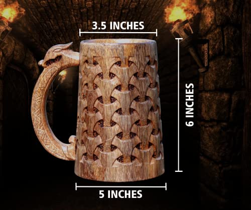 NORSE EMPIRE Premium Wooden Beer Mug 16Oz Chainmail Pattern 100% Handcrafted Beer Stein Wine accessories Viking Gifts Medieval Gift Sack Tankard Christmas Coffee Cups Vikings Mug Food Safe NORSE EMPIRE