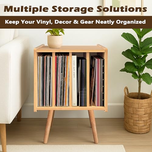 Record Player Stand, Vinyl Record Storage Table with 4 Cabinet, Mid Century Modern Turntable Stand, Organizer Vinyl Table for Bedroom Living Room, Oak Montex