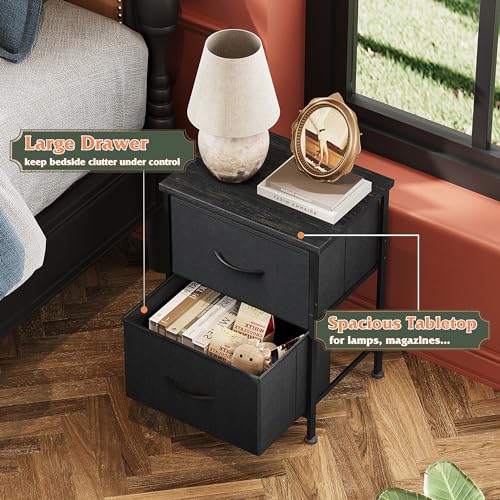 WLIVE Black Night Stand, Small Dresser with 2 Drawers & Wooden Top, Nightstand with Fabric Bins, Bedside Table End Table for Bedroom, Closet, Entryway, College Dorm, Charcoal Black WLIVE