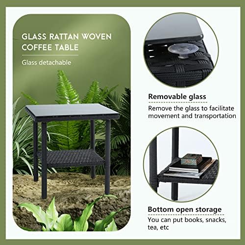 Ruesleag Patio Furniture 3 Pieces Outdoor Wicker Patio Furniture Conversation Set Patio Set Bistro Table Set for Backyard Porch Poolside Garden Balcony Lawn,Glass Coffee Table &RattanChairs Set,Red Ruesleag