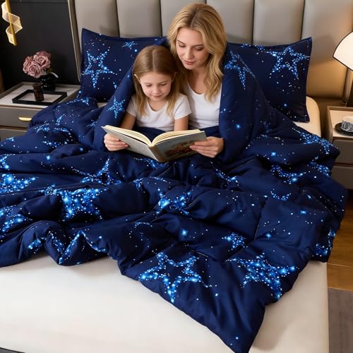 Caressma Star Comforter Teen Boy Girl Blue Galaxy Full Size Bedding Microfiber Set 3 Pieces with Pillowcases for All Seasons Caressma