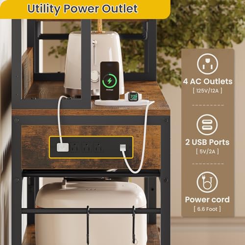 UPOSOJA Rustic Brown Bakers Rack with Power Outlet and Multifunctional Storage Solutions UPOSOJA