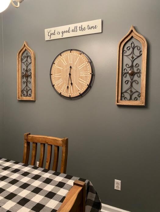 MODE HOME Large Farmhouse Wall Clock, 24 Inch Rustic Wooden Wall Clock Decorative with Metal Circle and Engraved Numerals, Silent Battery Operated for Kitchen Bedroom Living Room Fireplace Mantel MODE HOME