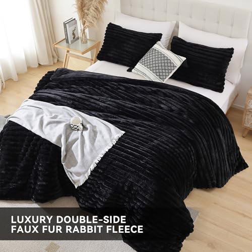 Smoofy Fluffy Queen Comforter Set 3 Pieces - Black Fleece Fluffy Comforter Set, Luxury Fuzzy Queen Bedding Set, Soft Warm Bed Set All Season, Heavy Faux Fur Comforter with 2 Pillow Cases Smoofy