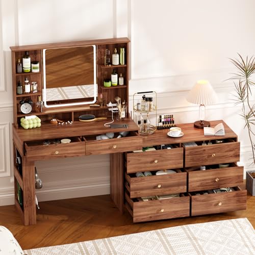 YYJ Makeup Vanity Desk with Large Mirror and Lights&Charging Station,3 Lighting Modes,Desk Vanity with 8 Storage Drawers and 8 Shelves,Makeup Table for Bedroom,Dressing Table with Nightstand,Walnut YYJ