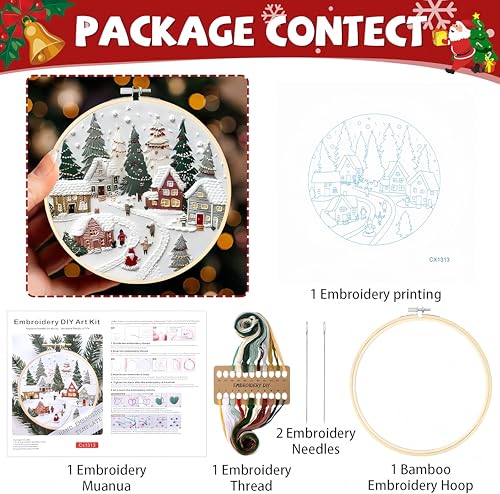 Christmas Embroidery Kit DIY Hand Embroidery Starter Cross Stitch Kits, Christmas Ornaments Embroidery with Stamped Pattern,Cotton,Threads,Needles,Instructions for Adults Beginners (Wreath)