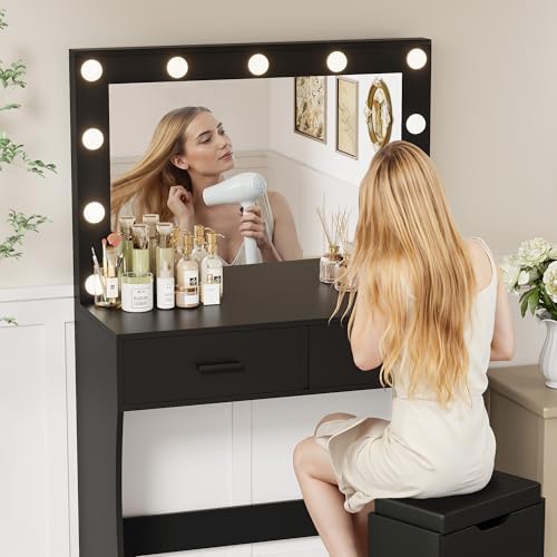YESHOMY Makeup Vanity Desk with Large Lighted Mirror,35.4 Inch Makeup Vanity Table with 2 Drawers,Soft-Padded Storage Stool,3 Lighting Modes Available, Suitable for Bedrooms(Black) YESHOMY