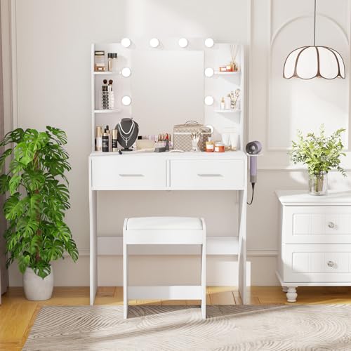 FDW Vanity Desk with Mirror and Lights, 2-Drawer Makeup Vanity Desk with 3 Adjustable Light Colors, 6 Shelves and Power Outlets for Bedroom, White FDW