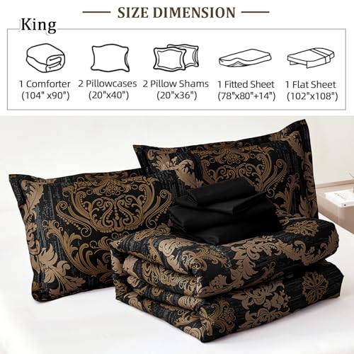 WONGS BEDDING Black Comforter Set King Size, Gold Damask Texture 7 Pieces Bed in a Bag Microfiber Comforter Bedding Sets -1 Comforter, 1 Flat Sheet, 1 Fitted Sheet, 2 Pillow Shams, 2 Pillowcases WONGS BEDDING