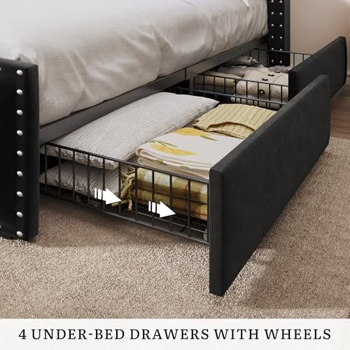 DWVO Queen Size Bed Frame with 4 Storage Drawers and RGB LED Lights, Velvet Upholstered Platform Bed with Charging Station and Bookcase Storage Headboard, No Box Spring Needed, Easy Assembly, Black DWVO